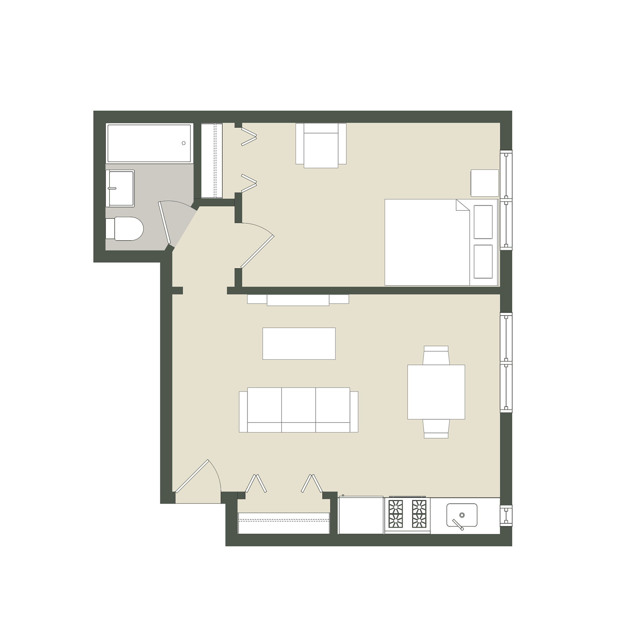Floor plan for 1 bed, 1 bath, 541 sqft